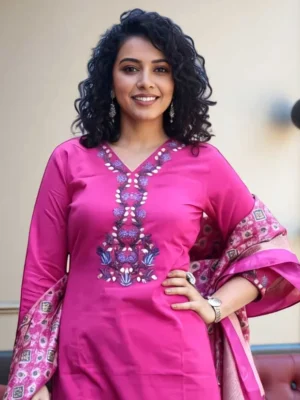 Pink Embroidered Cotton Kurta Set