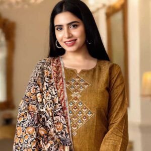 Ruddy Brown Embroidered Handloom Cotton Suit