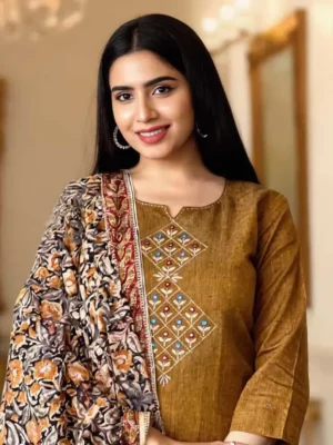 Ruddy Brown Embroidered Handloom Cotton Suit