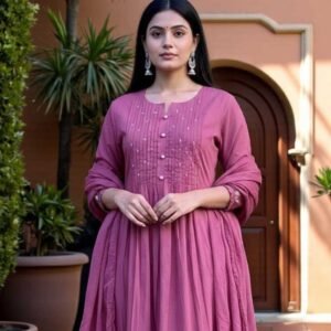 Pink Embroidered Cotton Kurta and Pant Set with Dupatta