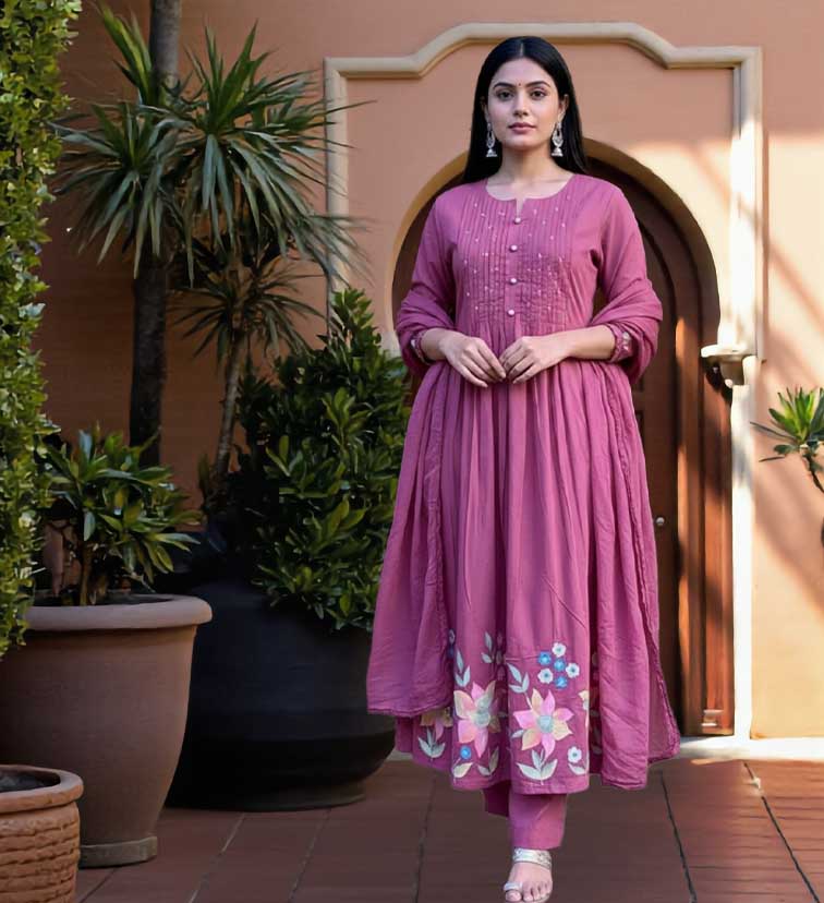 Pink Embroidered Cotton Kurta and Pant Set with Dupatta