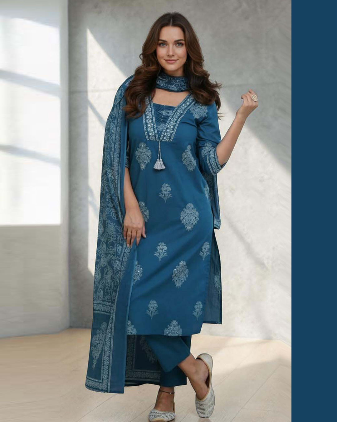 blue cotton kurta set with mulmul dupatta