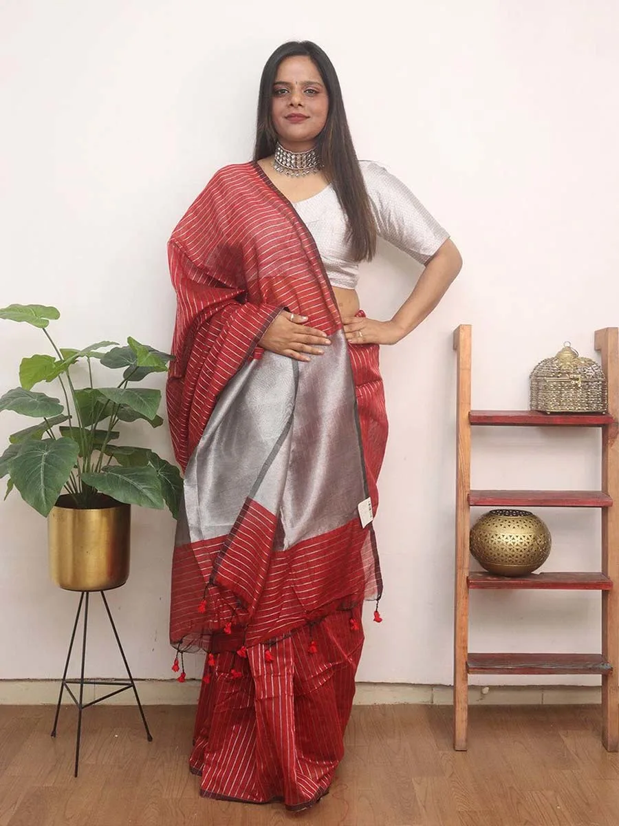 Cotton Silk silver lines saree