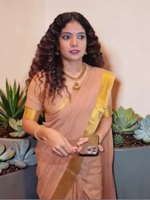 Peach and Gold border Mul cotton saree