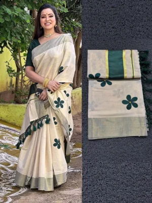 Green flower golden Tissue Saree with tussles.