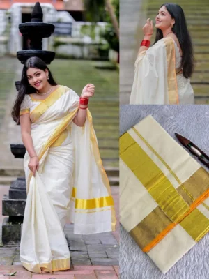 Balaramapuram Handloom Inspired Plain Cotton Kasavu Saree