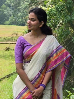 Pink and lavender boder Mul cotton saree