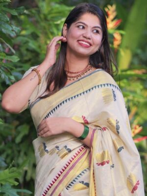 Lotus weave golden tissue saree with temple borders