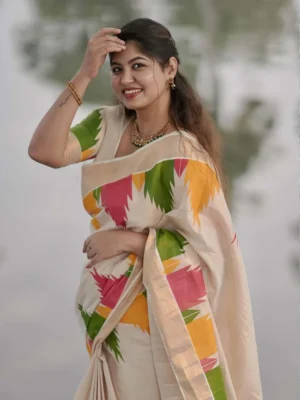 Multi colour Temple Golden Tissue Saree
