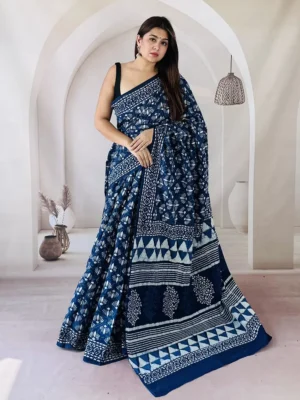 Blue Hand Block Printed Linen Saree with Blouse