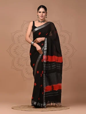 RED Hand Block Printed Linen Saree with Blouse