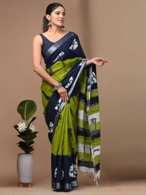Green Hand Block Printed Linen Saree with Blouse