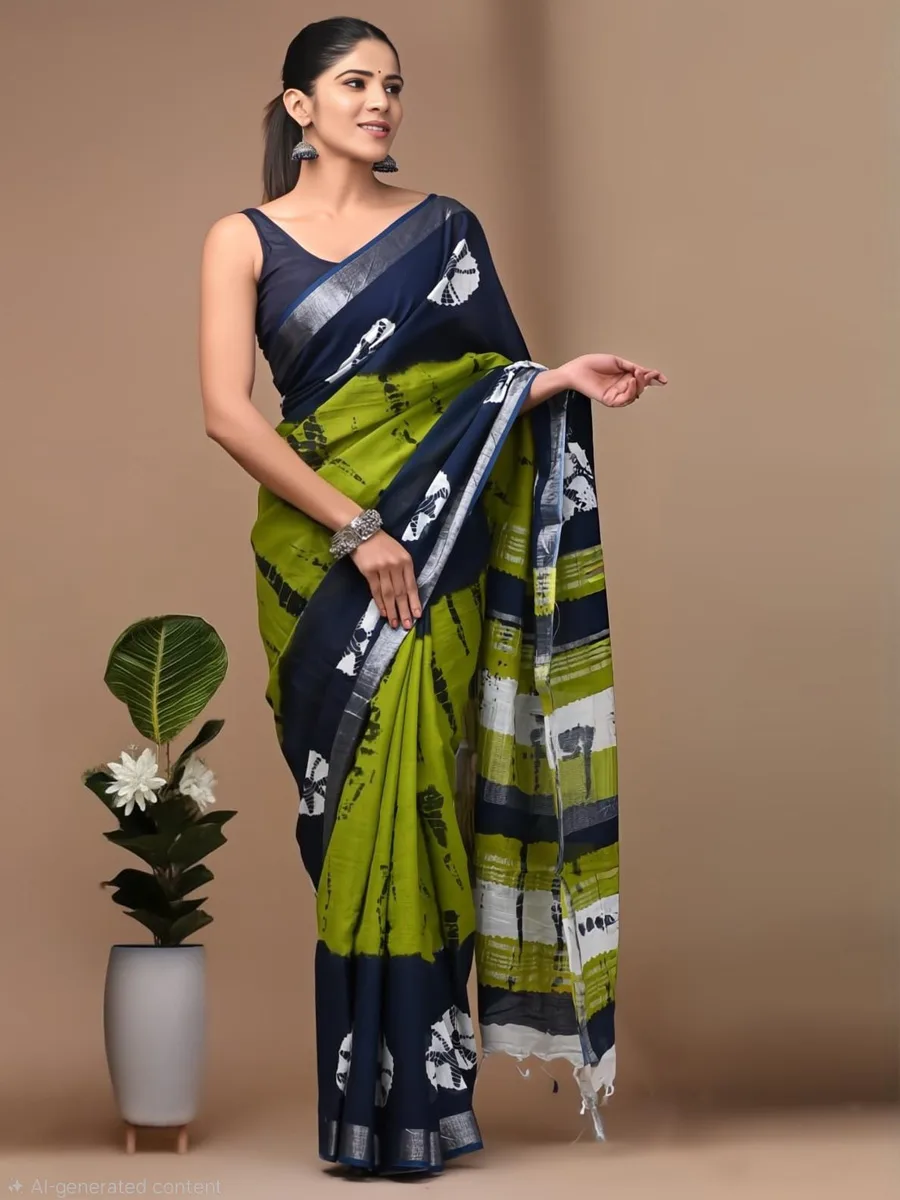 Green Hand Block Printed Linen Saree with Blouse
