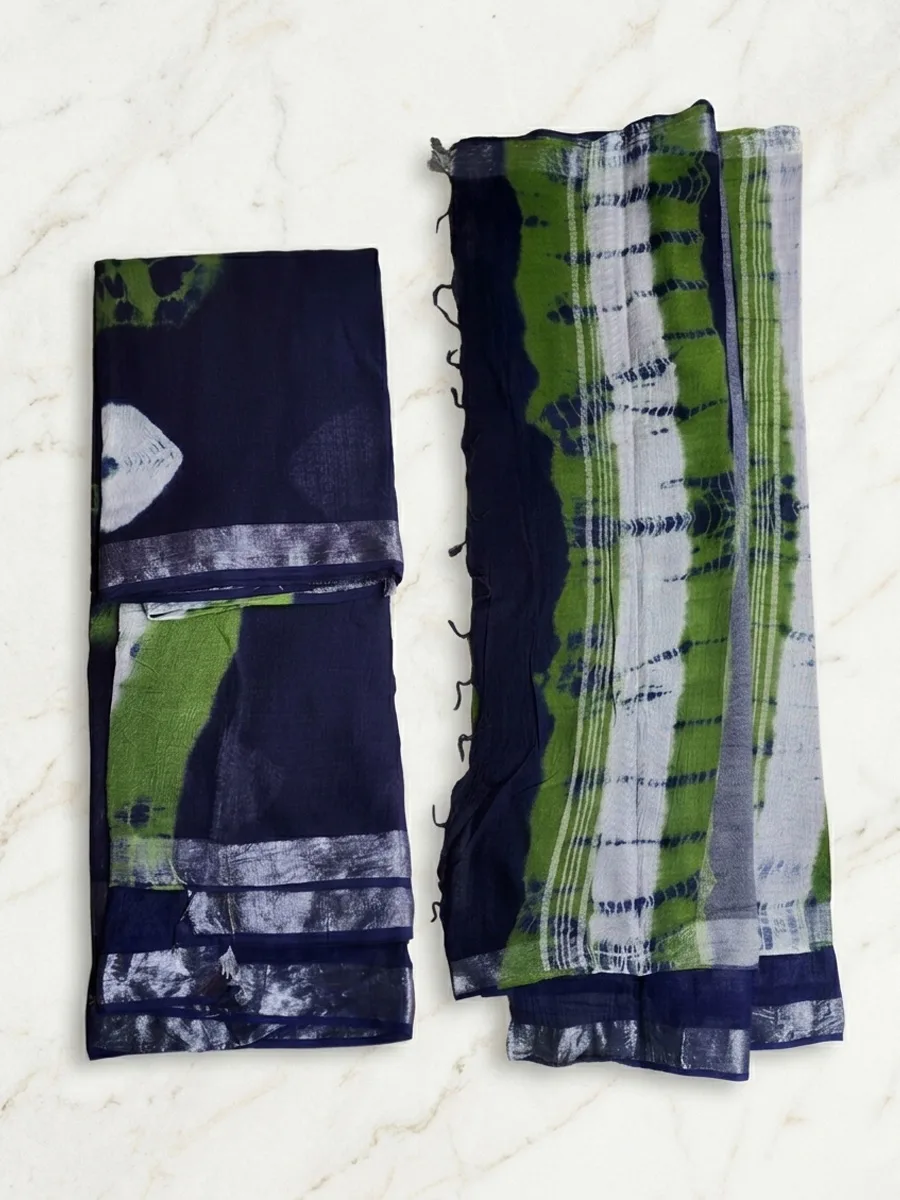 Green and Blue Hand Block Printed Linen Saree with Blouse