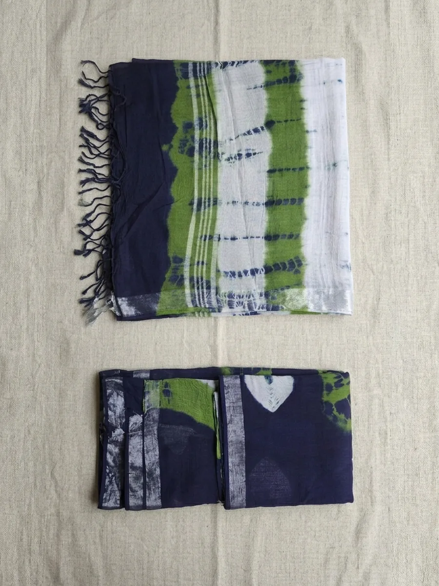 Green and Blue Hand Block Printed Linen Saree with Blouse