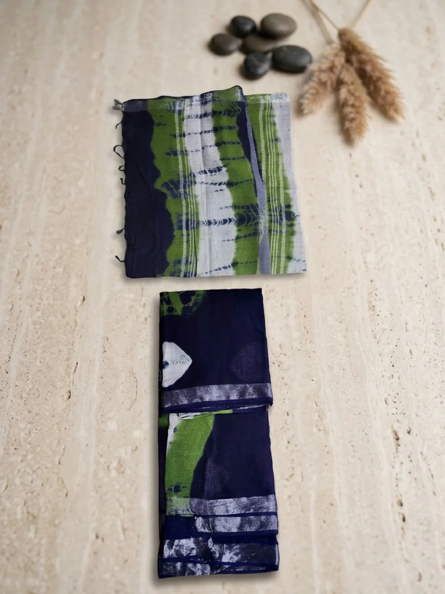 Green and Blue Hand Block Printed Linen Saree with Blouse