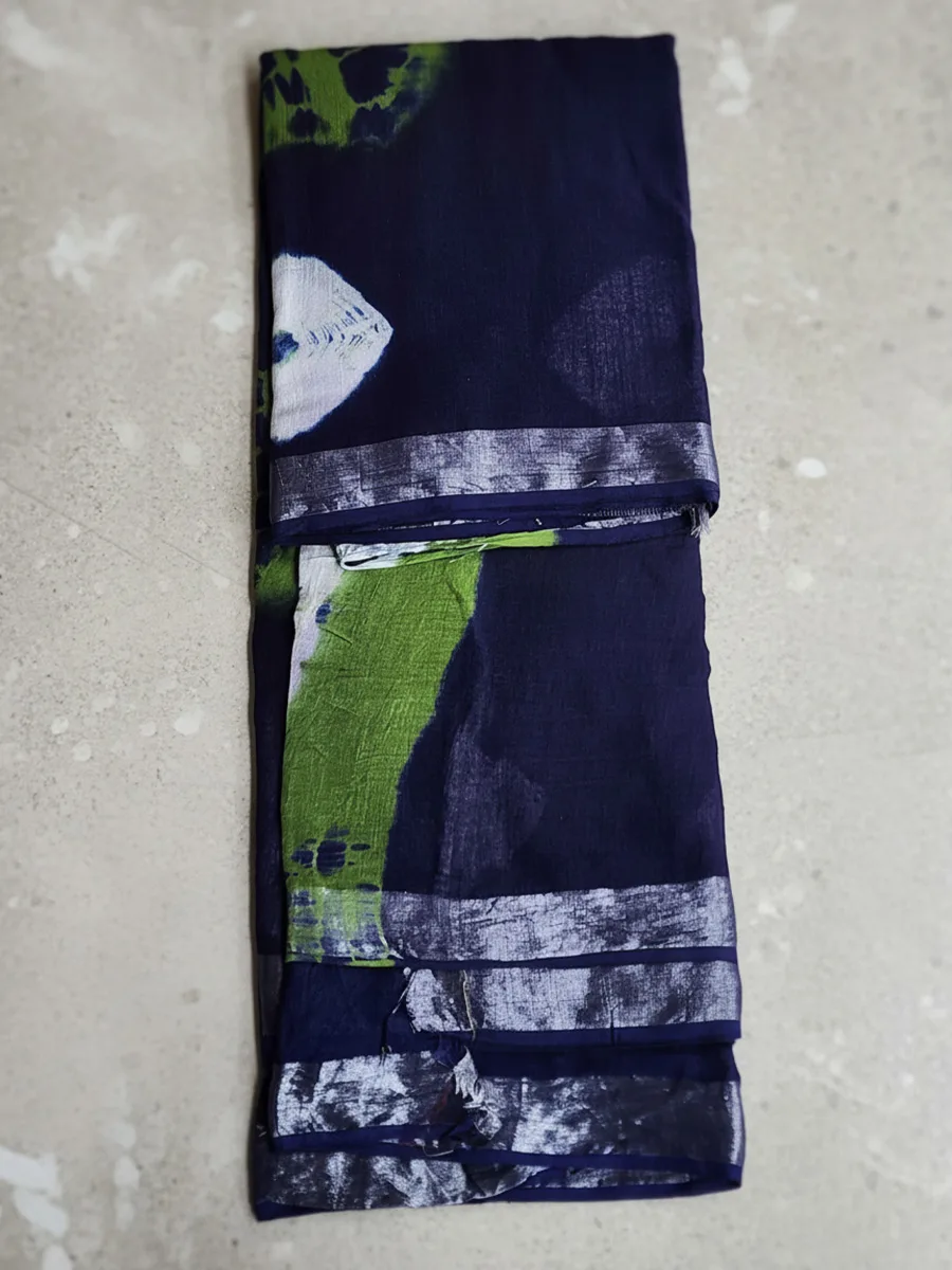 Green and Blue Hand Block Printed Linen Saree with Blouse