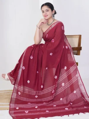 Red Hand Block Printed Linen Saree