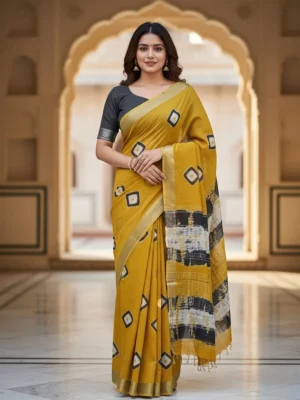 Yellow Hand Block Printed Linen Saree with Blouse